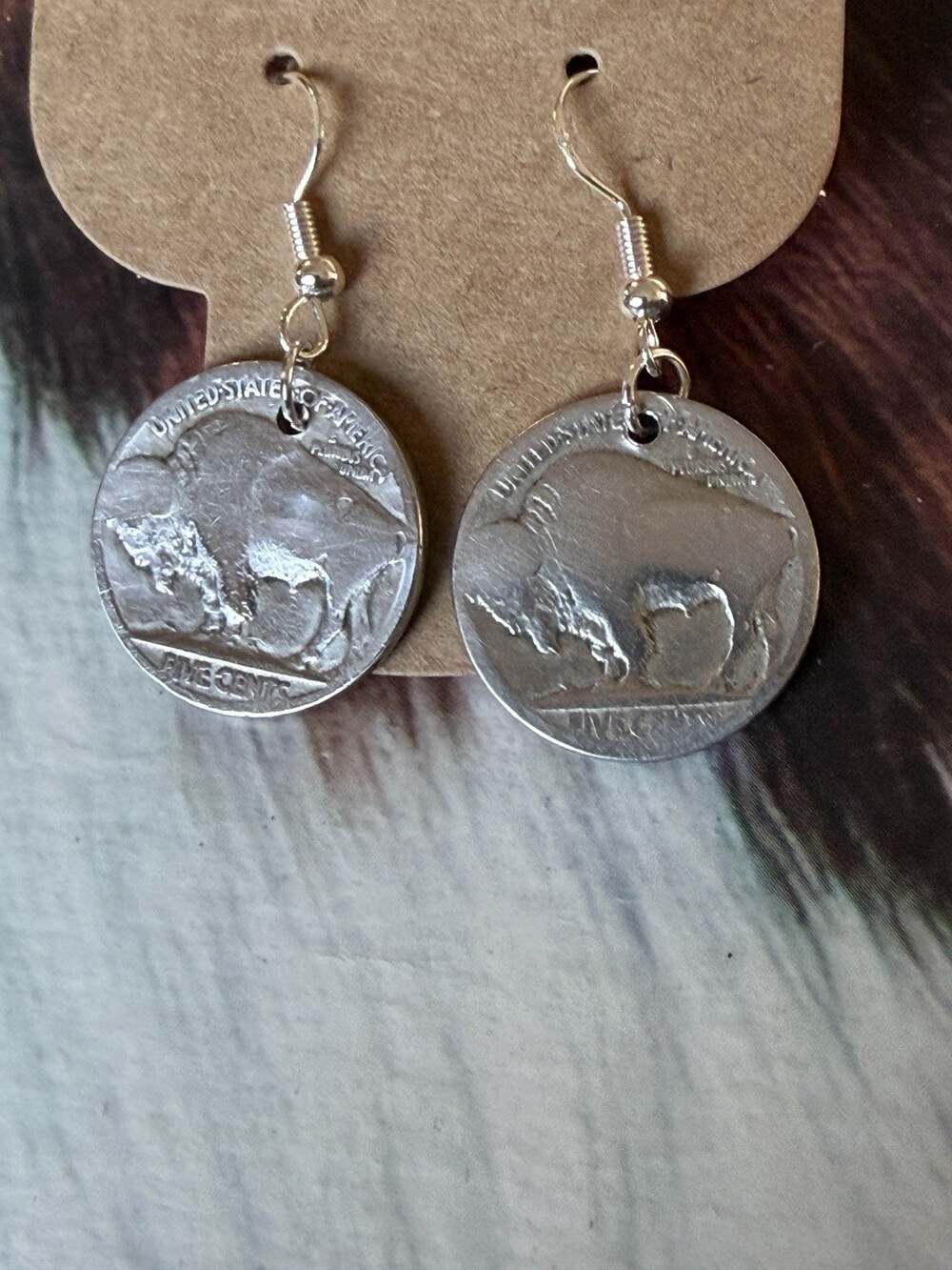 Buffalo Nickel Indian Head Coin Dangle Hook Earrings Western Boho Vintage